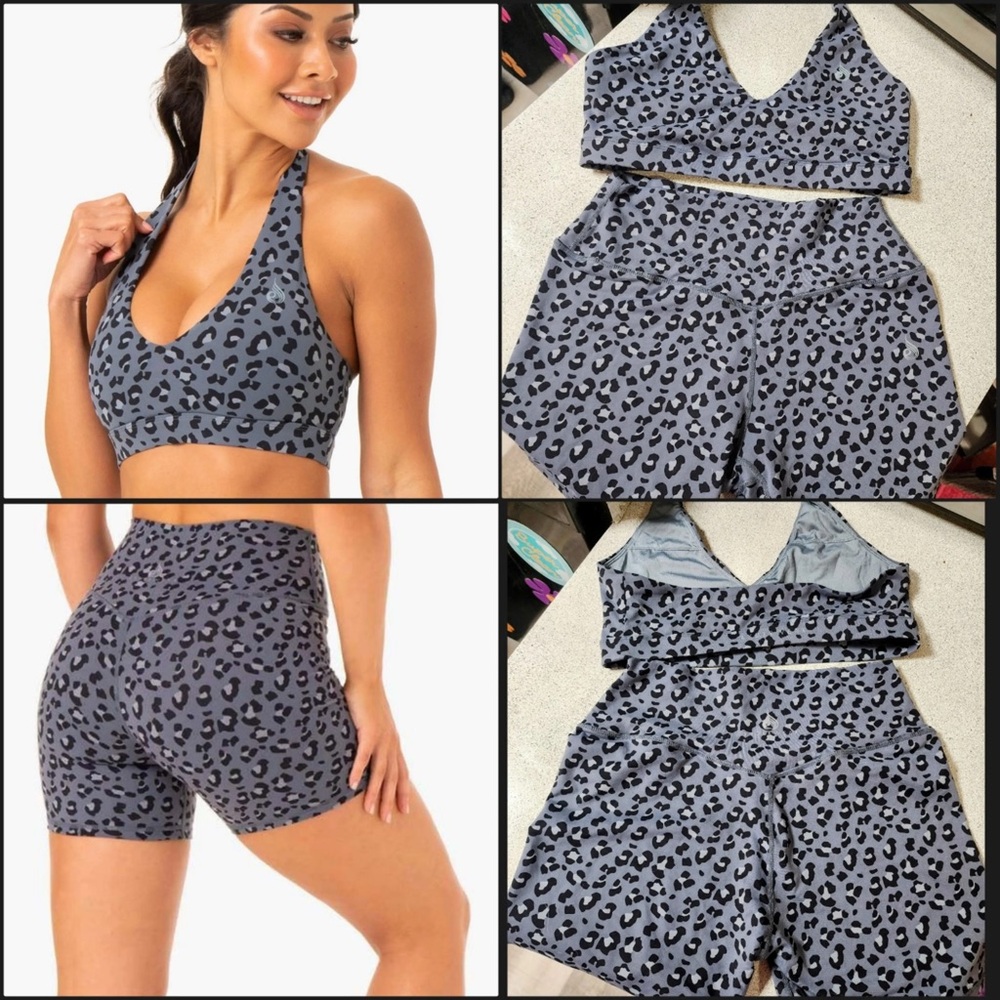 Ryderwear Blue Leopard Bike Shorts Halter Bra Set - Size Medium